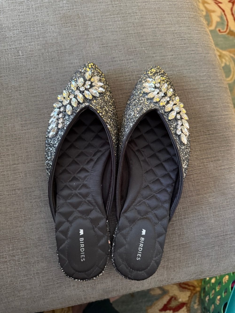 Birdies Silver Glitter Jeweled Pointed Toe Flats